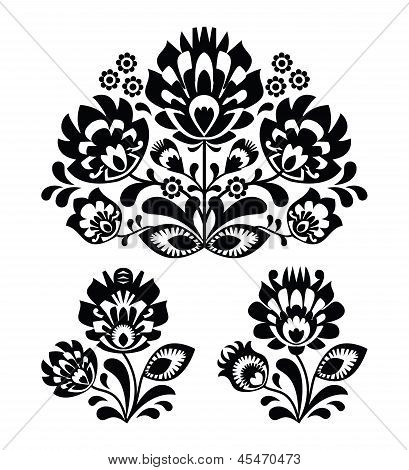 Folk bordado con flores - tradicionales polaco patrón en monocromo