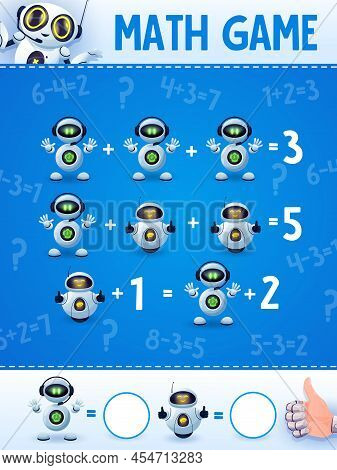 Cartoon Robots And Droids On Math Game Worksheet. Education Maze, Kids Mathematical Riddle Or Puzzle