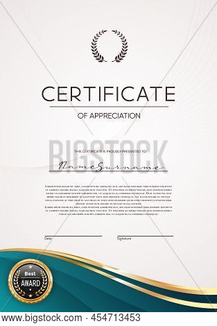 Award Certificate Of Appreciation, Diploma Template. Vector Blank With Frame, Border And Golden Seal
