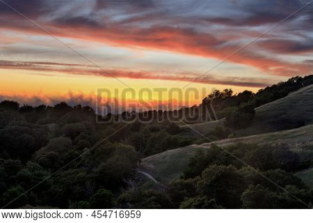 Dramatic Sunset Over Santa Cruz Mountains Via Russian Ridge Preserve In San Mateo County, California