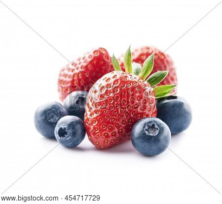 Sweet Strawberry And Blueberries On White Backrounds.