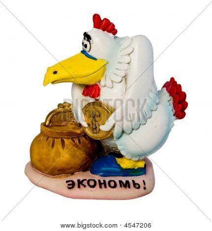 Hen mit eine Münze und eine Inschrift 