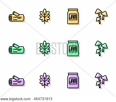 Set Line Jam Jar, Wooden Log, Leaf And Mushroom Icon. Vector