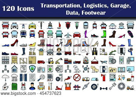 Set Of 120 Icons. Transportation, Logistics, Garage, Data, Footwear  Themes. Bold Outline With Color