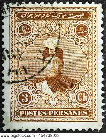 Persia Circa 1922. Cancelled Postage Stamp Printed By Persia, That Shows Ahmed Shah Qajar In An Orna
