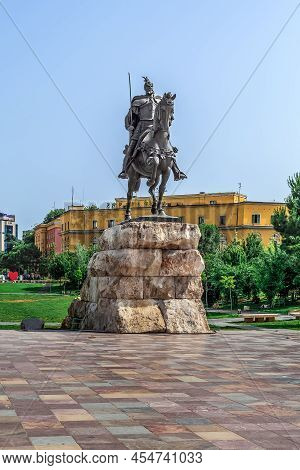 Tirana, Albania - June 21, 2021: Skanderbeg Monument On The Skanderbeg Square In Tirana. Sculpture O