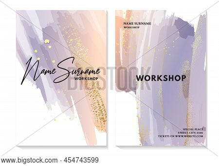 Watercolor Backgrpund Card Design Luxury Invitation In Violet Beige Gold Vector Art. Elegant Modern 