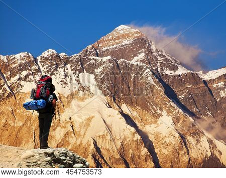Evening Colored View Of Mount Everest From Kongde Village With Tourist On The Way To Everest Base Ca