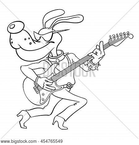 Cartoon Character.  Cheerful Dog Plays The Electric Guitar. Illustration Isolated On White. Outline 