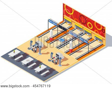 Bowling Center Isometric Interior With Game Equipment Including Balls In Return System, Tables For V