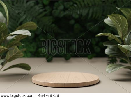 Wooden Podium With Leaves And Plants On The Background. Podium For Product, Cosmetic Presentation. N