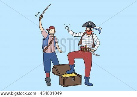 Smiling Male Pirates With Chest With Gold. Happy Courageous Sailor And Ocean Raider With Jewels And 