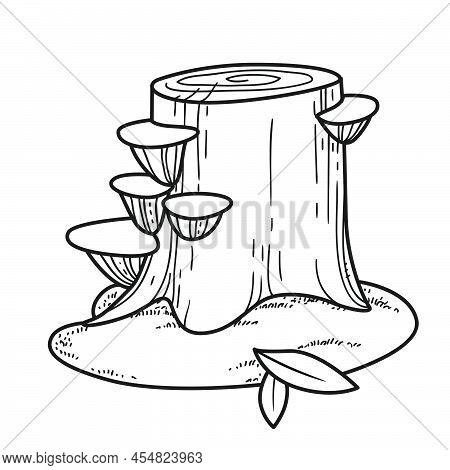 Big Stump With Parasitic Overgrowth Toadstools And Moss Linear Drawing For Coloring Isolated On Whit