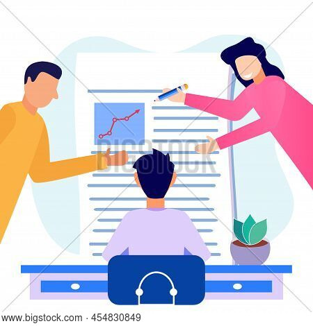 Flat Vector Illustration Business Partners Working Together Checking Documents With Marketing Data A