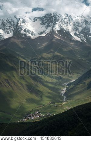 View Of Svaneti Region And Cayon, Caucasus Mountains, Georgia. Autumn Landscape. Red Colours.