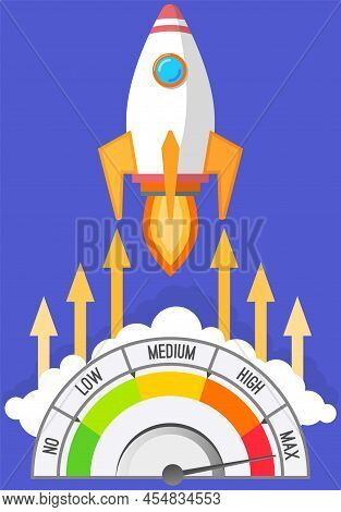 Rocket Takes Off Into Sky At High Jet Speed. Vector Illustration Spaceship And Speedometer Flat Desi