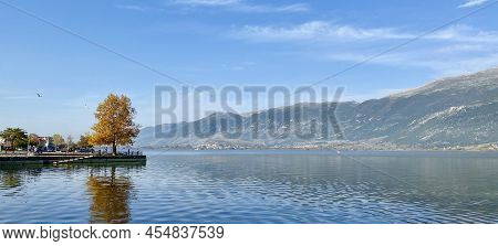Calming And Peaceful Pamvotida Lake With Reflection In Ioannina, Greece