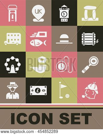 Set Sherlock Holmes, Magnifying Glass, Wooden Barrel, Big Ben Tower, Fish And Chips, Double Decker B