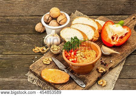Traditional Middle Eastern Dip Muhammara. Roasted Red Bell Pepper With Walnuts And Spices