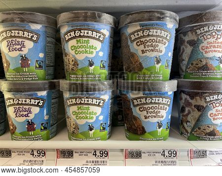 Grovetown, Ga Usa - 05 18 22: Ben And Jerry's Ice Cream Retail Store Shelf Price Tag Front View
