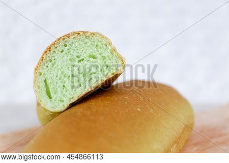 Green Pandan Long John Buns Bread With Copy Space For Text