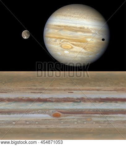 Planet Jupiter With The Moon Ganymede On The Left, And A Flat Rappresentation Of The Atmosphere Of T