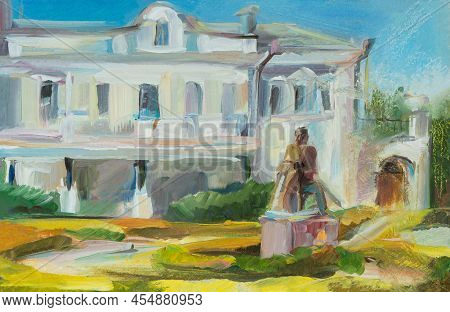 Etude Architecture Landscape. A Quick Sketch Of An Oil Painting. Calm Pastel Colors. Abstract Painti