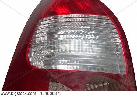 Tail Light Of Station Wagon Body Car. Broken. Closeup On Reverse Lights. Isolated On White Backgroun