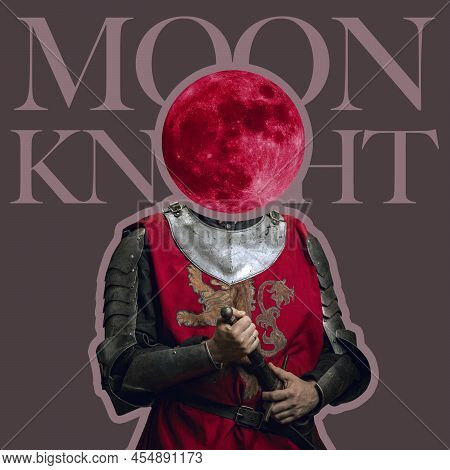 Contemporary Art Collage. Mideival Warrion, Knight With Red Full Moon Head Isolated Over Dark Backgo