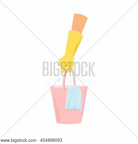 Hand In Yellow Glove Cleaning With Bucket And Cloth Vector Illustration