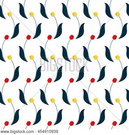 Trendy Seamless Vector Floral Pattern Of Tulips. Summer And Spring Motives. White Background. Stock 