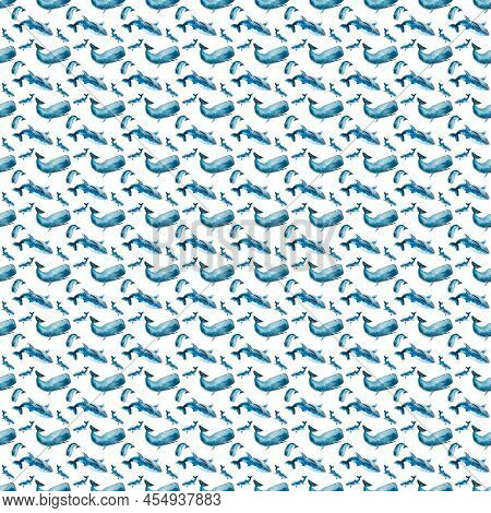 Seamless Pattern With Blue Whales Isolated On White Background. Watercolor Drawing With Adiatic Anim