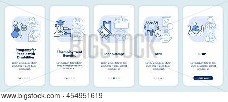 Government Benefits Light Blue Onboarding Mobile App Screen. Walkthrough 5 Steps Graphic Instruction