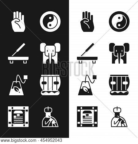 Set Elephant, Scented Spa Stick, Indian Symbol Hand, Yin Yang, Tea Bag, Instrument Tabla, Man Plays 