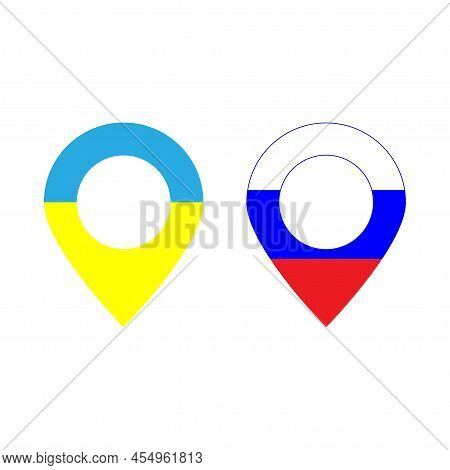Ukraine And Russia Location In Flag Style Icon. Country Navigation Point In Flat. Location Icon In T