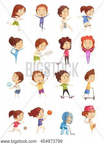 Kids Sport Decorative Icons Set With Colored Cartoon Figurines Of Cute Children Who Are Engaged In V