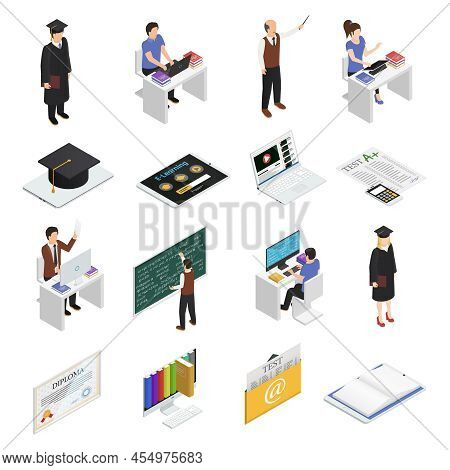 Students Teachers And Devices For E-leaning Isometric Icons Set Isolated On White Background 3d Vect