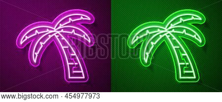 Glowing Neon Line Tropical Palm Tree Icon Isolated On Purple And Green Background. Coconut Palm Tree
