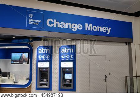 Gatwick Airport, Uk- May 3, 2022; The Change Group Change Money Kiosk And Atm At Gatwick Airport