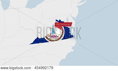 Us State Virginia Map Highlighted In Virginia Flag Colors And Pin Of Country Capital Richmond, Map W