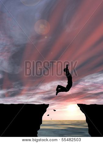 Concept or conceptual young man or businessman silhouette jump happy from cliff over water gap sunset or sunrise sky background