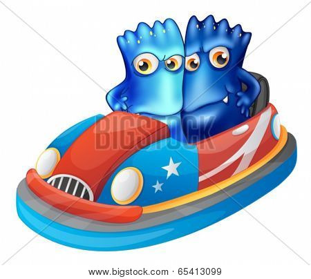 Illustration of the two blue monsters riding a car on a white background