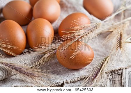  fresh brown eggs and wheat ears on linen background 