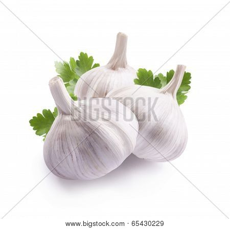 Garlic Heads And Parsley Leaves Isolated On White Background Composition
