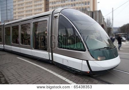 Futuristic Tram On The Street In Strasbourg, France