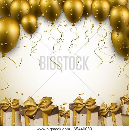 Celebration golden background with balloons and confetti. Vector illustration. 