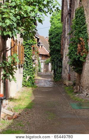 Street with half-timbered medieval houses in Eguisheim village along the famous wine route in Alsace