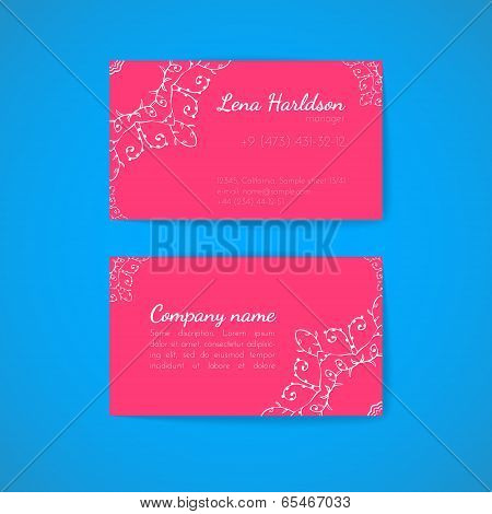 Pink Business Card Template with Decorative Ornament Vector Illustration