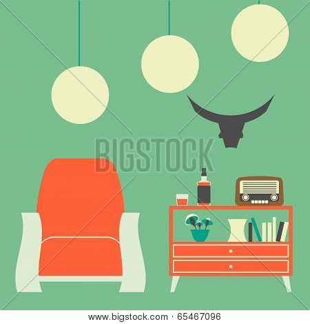 Vintage Interior of 50s-60s in Flat Style Vector Illustration