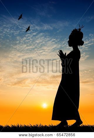 Woman Dancing Thai Dance At Sunset